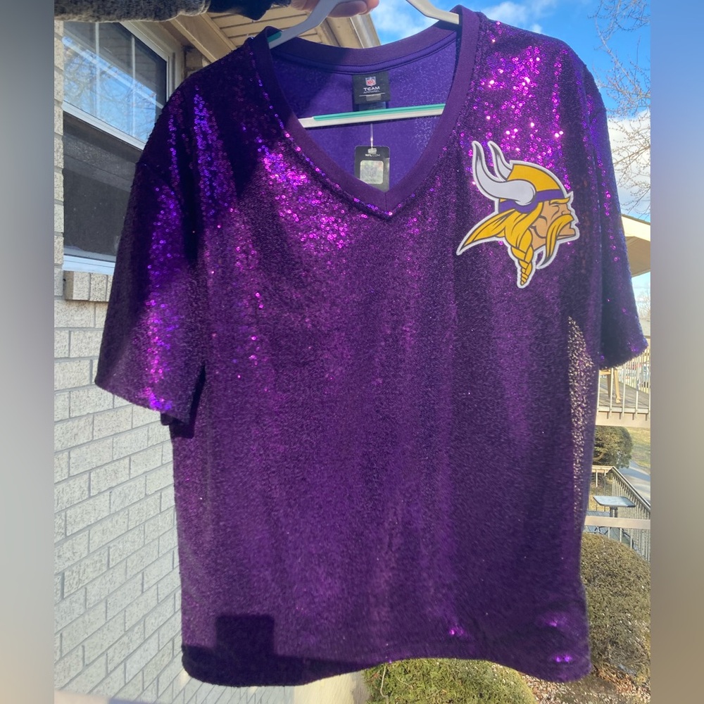 NFL Minnesota Vikings Purple Sequins Sparkle Football Jersey Viking Patch NEW - Picture 9 of 17